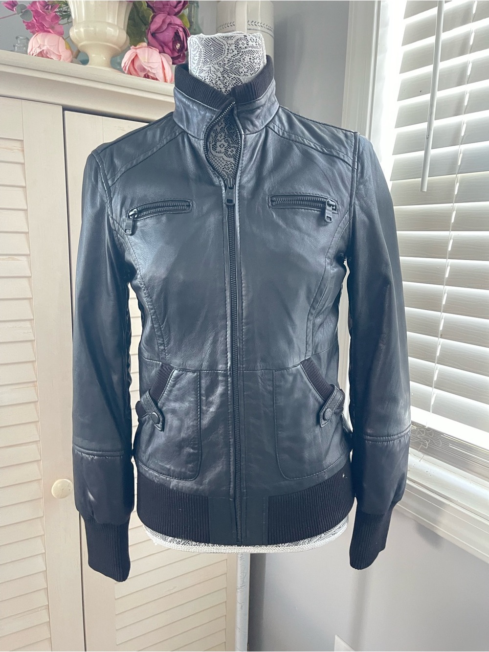 Black Leather Bomber Jacket - Women's